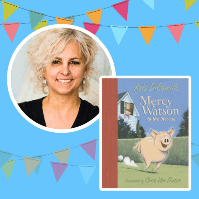 Author Kate KiCamillo with her book Mercy Watson to the Rescue