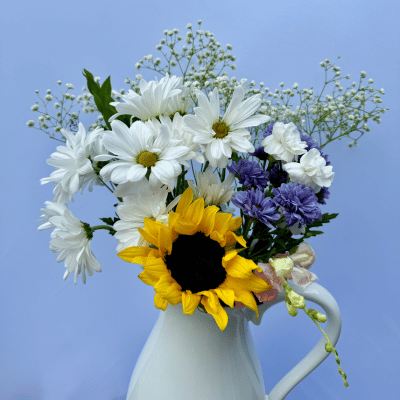 Bouquet of white, purple, and yellow flowers in a jug vase.