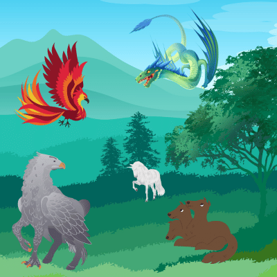 Forest with phoenix, dragon, griffon, unicorn, and 3 headed dog.