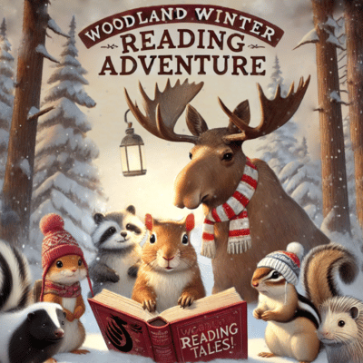 Woodland Creatures reading a book in snowy woods